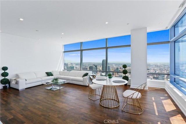 living room featuring dark hardwood / wood-style flooring and expansive windows