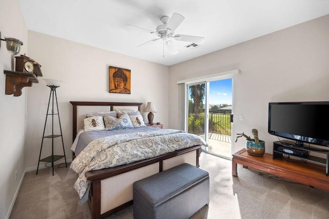 bedroom with carpet, access to outside, and ceiling fan