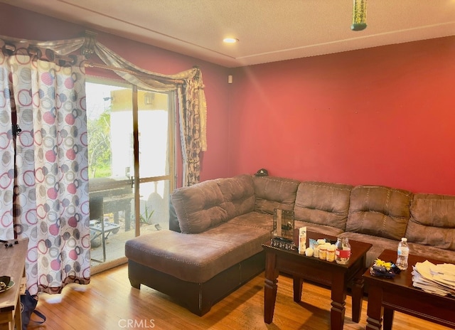 living area with a textured ceiling and wood finished floors