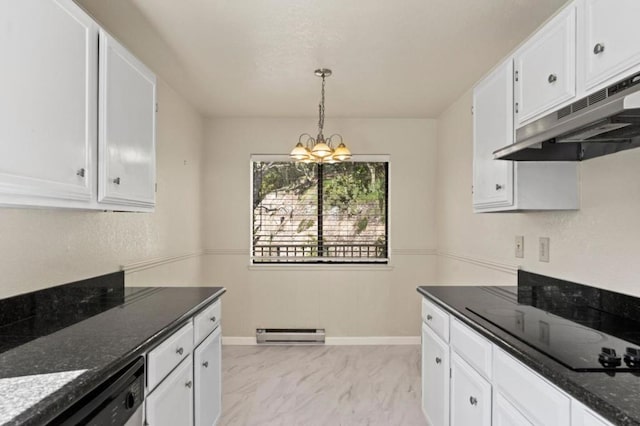 kitchen featuring an inviting chandelier, white cabinetry, a baseboard radiator, dishwasher, and dark stone counters