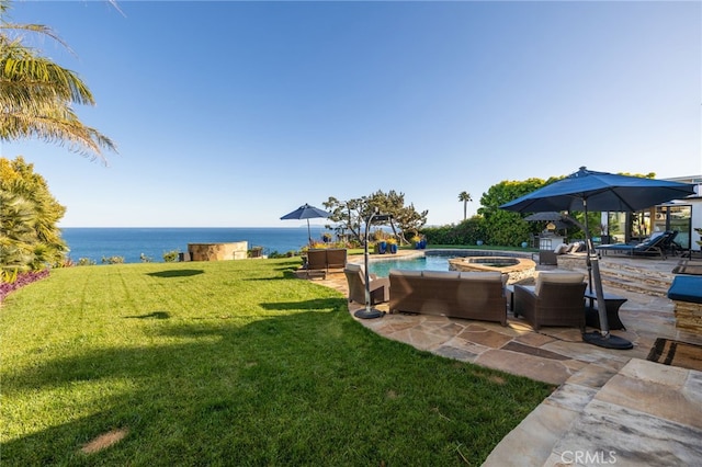 44 Sea Cove Dr, Rancho Palos Verdes, CA 90275 - view of grassy yard with a water view, a patio area, and a pool with connected hot tub