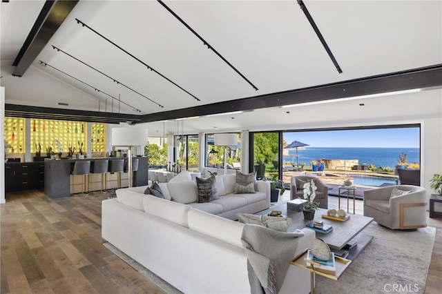 44 Sea Cove Dr, Rancho Palos Verdes, CA 90275 - living room featuring wood finished floors, a water view, and floor to ceiling windows