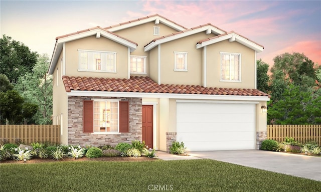 mediterranean / spanish-style home with a lawn and a garage