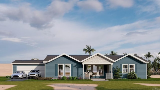 view of front facade with a front yard, a porch, and a garage