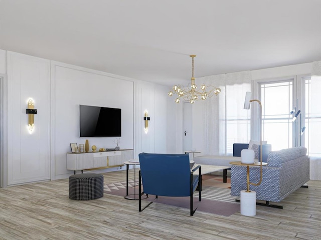 interior space with light hardwood / wood-style flooring and a notable chandelier