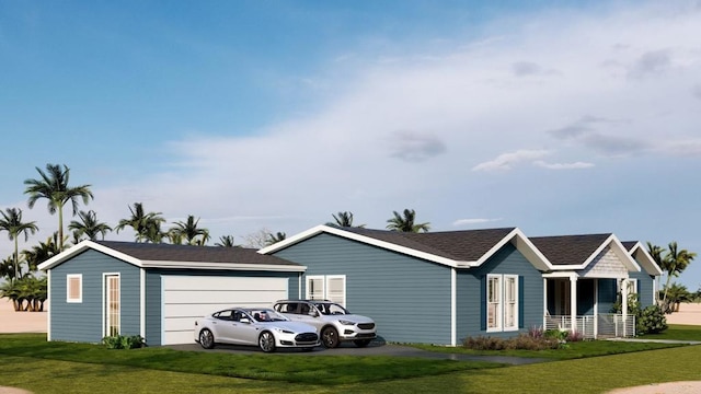 single story home featuring a garage, a front lawn, and covered porch