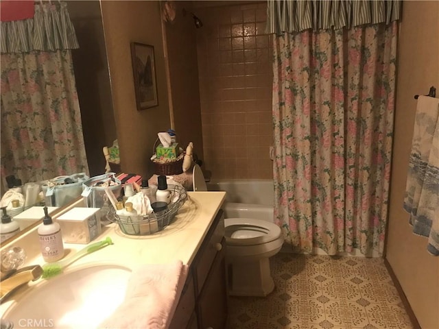 full bathroom featuring tile patterned flooring, vanity, toilet, and shower / bathtub combination with curtain