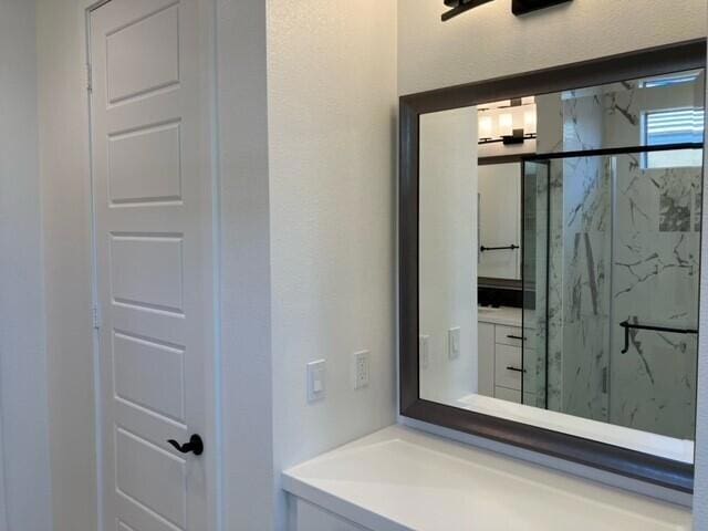 bathroom featuring vanity and walk in shower