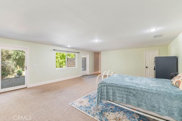 bedroom featuring carpet and access to outside