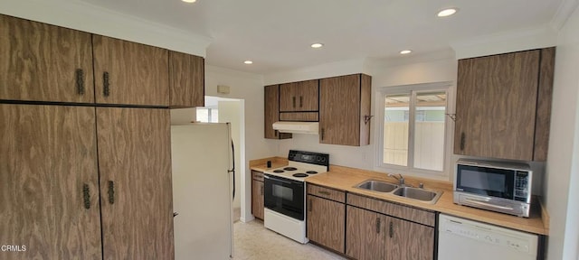 kitchen with ornamental molding, sink, and white appliances