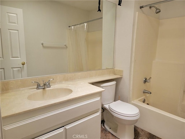 full bathroom with vanity, toilet, and shower / bath combo with shower curtain