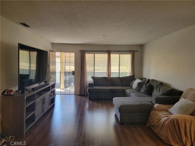 living room with plenty of natural light, dark hardwood / wood-style flooring, and a textured ceiling