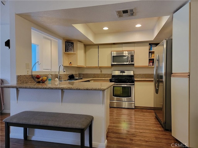 kitchen featuring sink, light stone counters, dark hardwood / wood-style flooring, kitchen peninsula, and appliances with stainless steel finishes