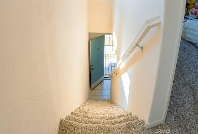 stairway featuring carpet flooring