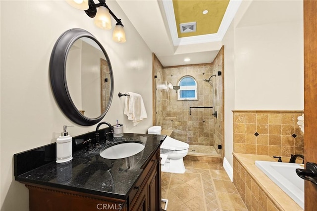 full bathroom featuring plus walk in shower, vanity, toilet, and crown molding