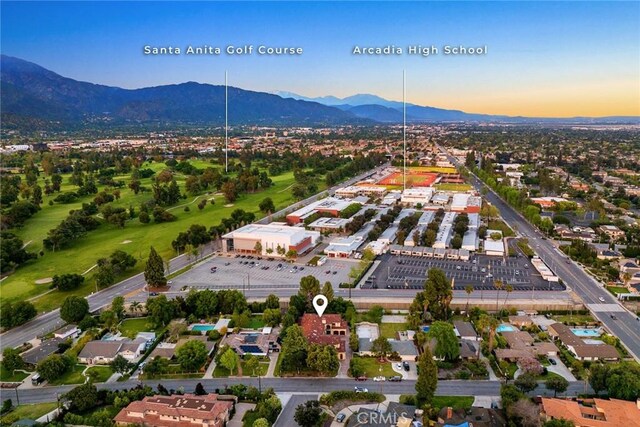 drone / aerial view featuring a mountain view