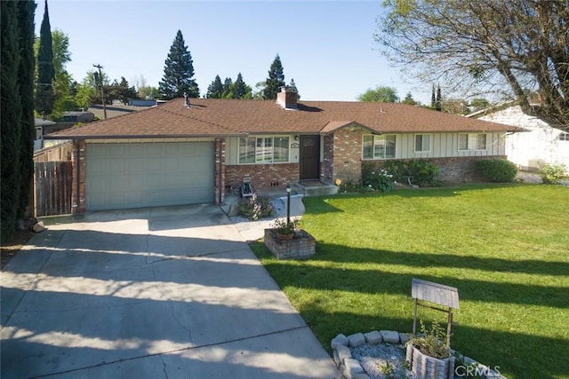 ranch-style house featuring a front yard and a garage