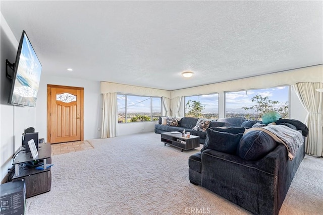 carpeted living room featuring a textured ceiling