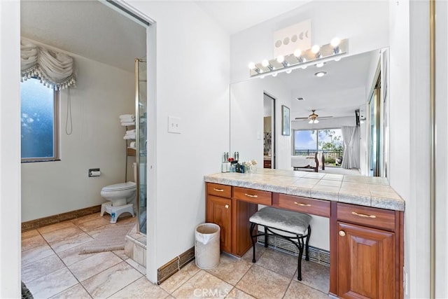 bathroom with ceiling fan, vanity, and toilet