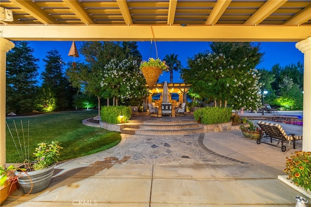 patio terrace at twilight with a lawn