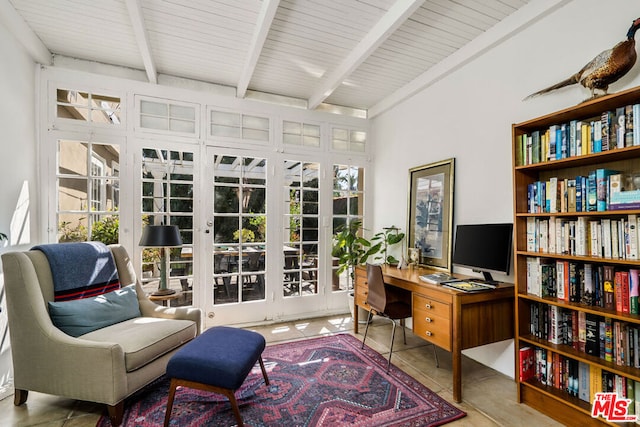 tiled office space featuring beamed ceiling, wood ceiling, french doors, and a healthy amount of sunlight