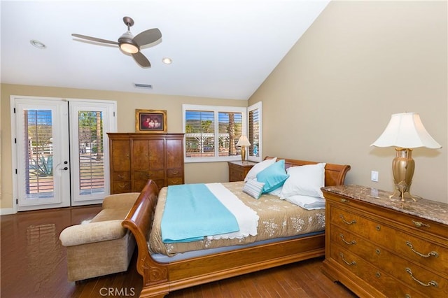 bedroom with ceiling fan, dark hardwood / wood-style floors, access to outside, and vaulted ceiling