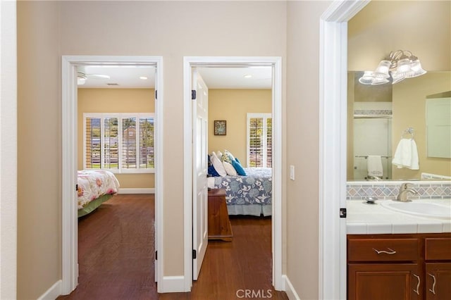 interior space featuring wood-type flooring and vanity