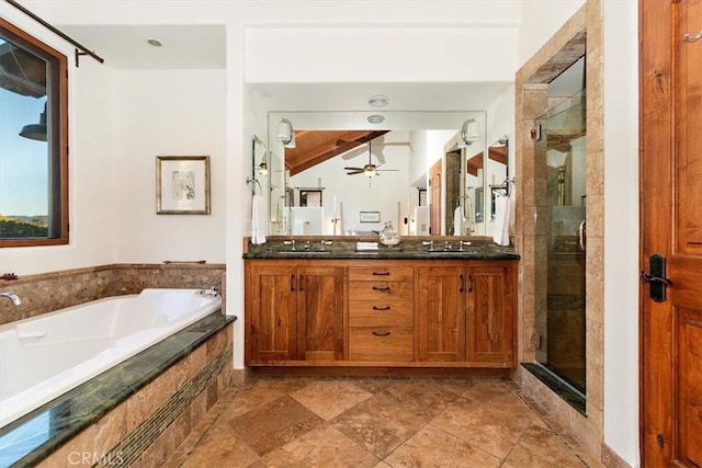 bathroom featuring beam ceiling, ceiling fan, vanity, and independent shower and bath