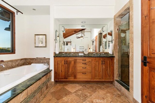 2835 Hermitage Rd, Ojai, CA 93023 - bathroom featuring a stall shower, double vanity, ceiling fan, and a bath