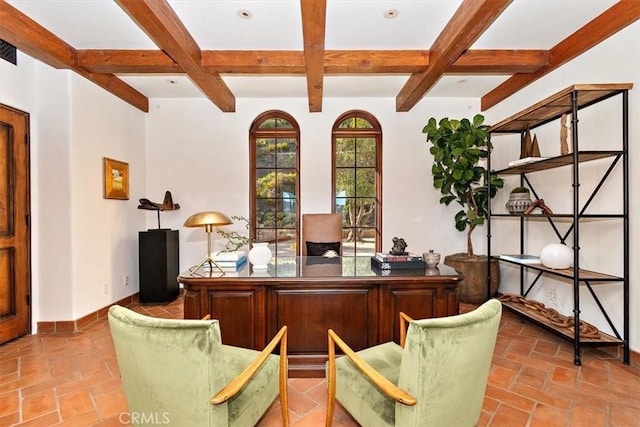 home office featuring beam ceiling and coffered ceiling