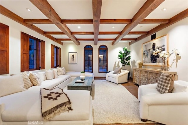 living room with beamed ceiling and coffered ceiling