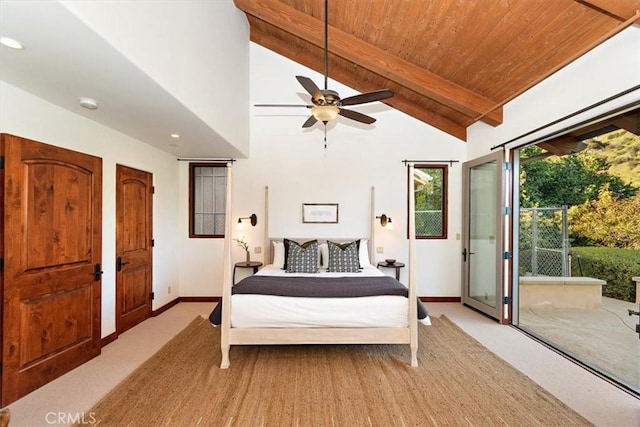 bedroom featuring beam ceiling, ceiling fan, wooden ceiling, high vaulted ceiling, and light carpet