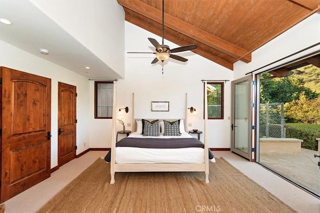 2835 Hermitage Rd, Ojai, CA 93023 - bedroom featuring high vaulted ceiling, wooden ceiling, light carpet, baseboards, and beamed ceiling