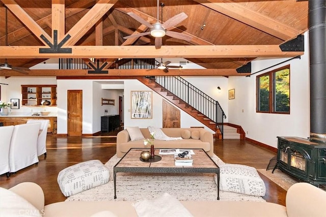 living room featuring wood ceiling, ceiling fan, high vaulted ceiling, beamed ceiling, and a wood stove