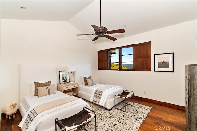 2835 Hermitage Rd, Ojai, CA 93023 - bedroom featuring baseboards, lofted ceiling, dark wood-style floors, and ceiling fan