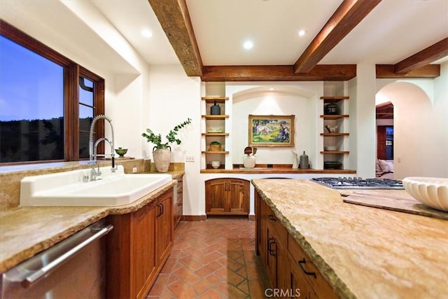 2835 Hermitage Rd, Ojai, CA 93023 - kitchen featuring beamed ceiling, open shelves, a sink, and stainless steel appliances