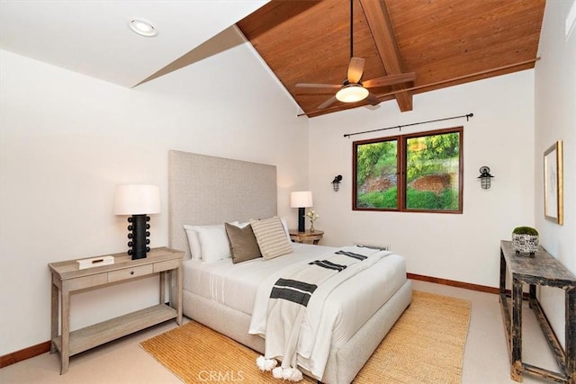 bedroom with ceiling fan, lofted ceiling, light carpet, and wooden ceiling