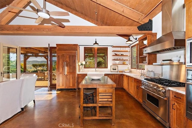 kitchen featuring high vaulted ceiling, wall chimney range hood, high end stainless steel range, ceiling fan, and beamed ceiling