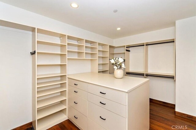 spacious closet featuring dark hardwood / wood-style flooring