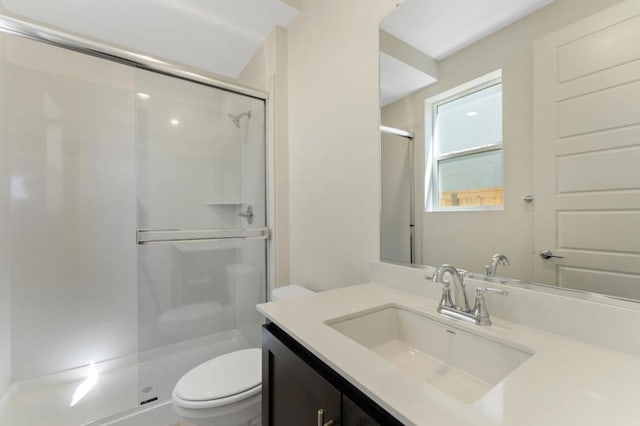 bathroom with toilet, vanity, and a shower with door