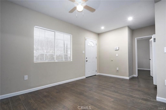 6454 Goleta Ave, Yucca Valley, CA 92284 - entryway featuring ceiling fan, baseboards, wood finished floors, and recessed lighting