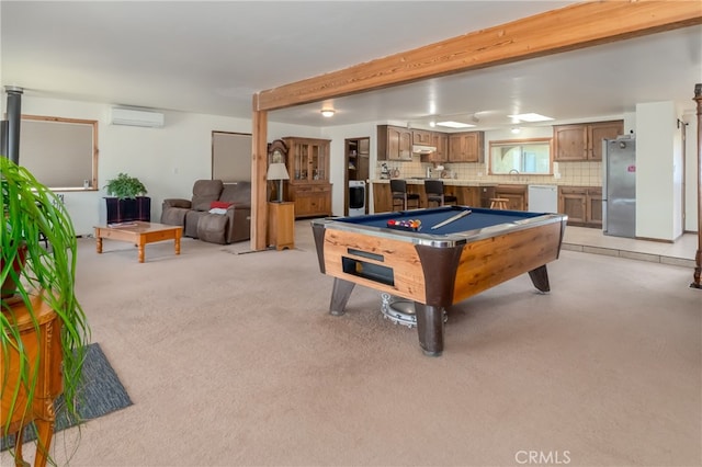 game room featuring light carpet, pool table, a wall unit AC, and sink