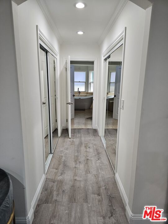 hall featuring crown molding and light wood-type flooring