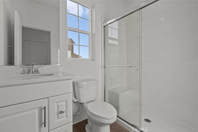 bathroom featuring toilet, a shower stall, and vanity