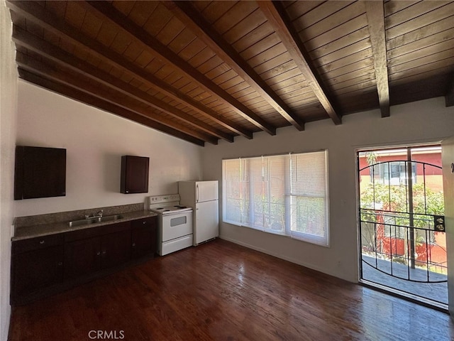 kitchen featuring sink, beamed ceiling, dark hardwood / wood-style floors, white appliances, and dark brown cabinets