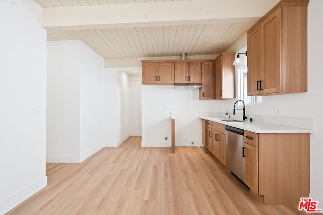 kitchen featuring stainless steel dishwasher, beam ceiling, and light wood-type flooring