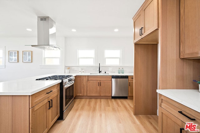 kitchen with light stone countertops, light hardwood / wood-style flooring, stainless steel appliances, island range hood, and sink