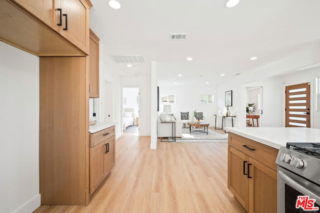 kitchen with light hardwood / wood-style floors and gas range