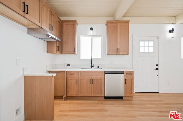 kitchen featuring beamed ceiling, light hardwood / wood-style flooring, sink, and dishwasher