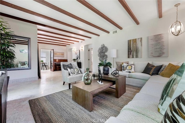 living room with beam ceiling and a notable chandelier